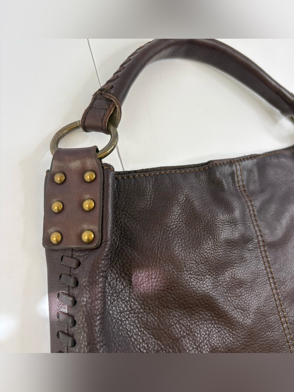 Lucky Brand Leather Whipstitch Slouchy Hobo Bag Rich Oxblood Burgundy Brown Boho - Picture 2 of 9